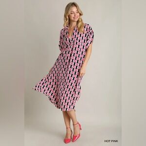 New! Umgee Helen Geometric Print Oversized Midi Caftan Dress Pink Blue White